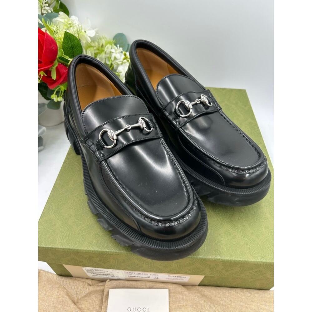 Men's Gucci Men's Black Leather Horsebit Lug Sole Loafers size 12 made in Italy - Picture 4 of 12